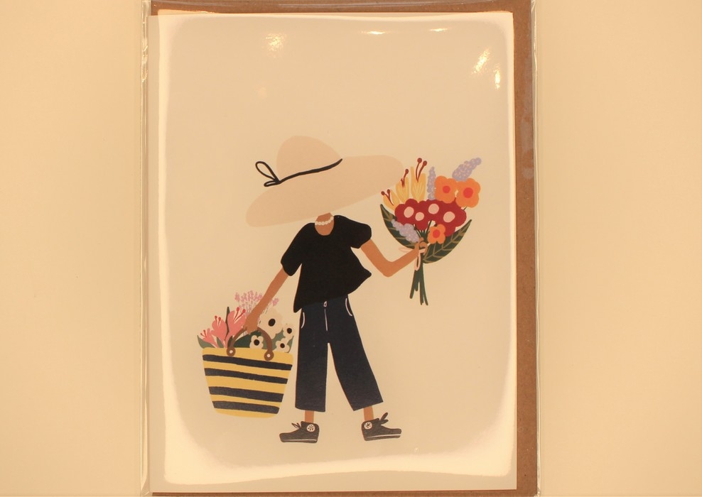 Cartes Souhaits - Dame avec bouquets de fleurs