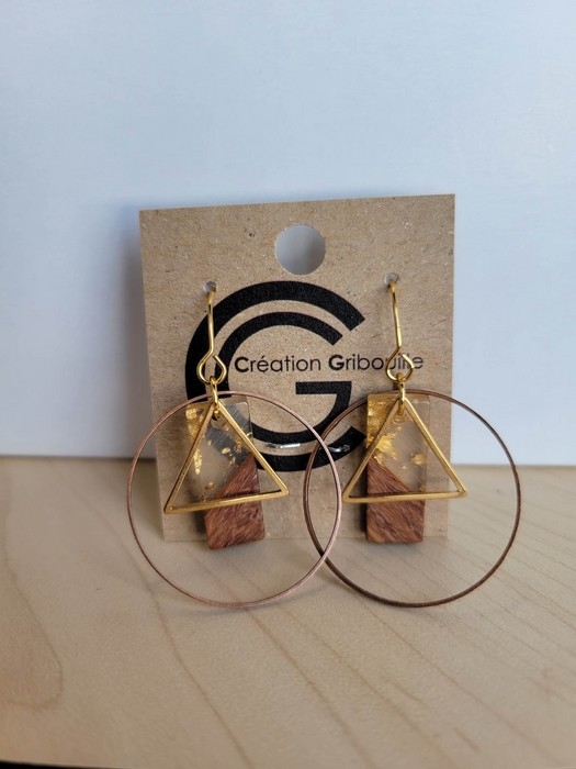 Boucles d'oreilles or - triangle, cercles et bois