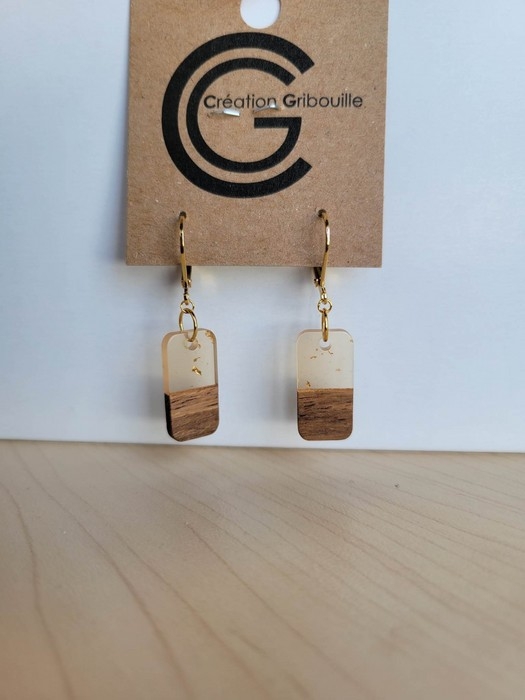 Boucles d'oreilles rectangulre - bois et or