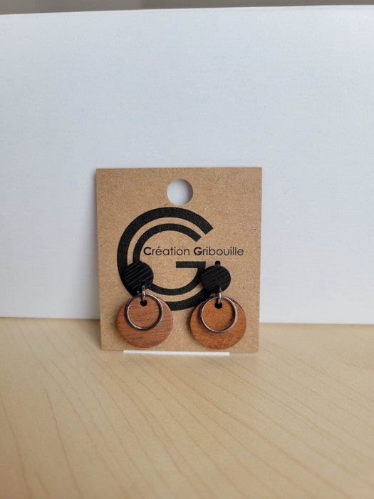 Boucles d'oreilles ronde - bois, argent et noir