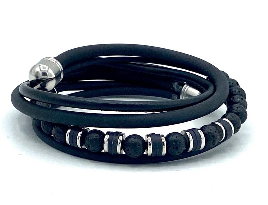 Bracelet hommes - cuir et pierre volcanique