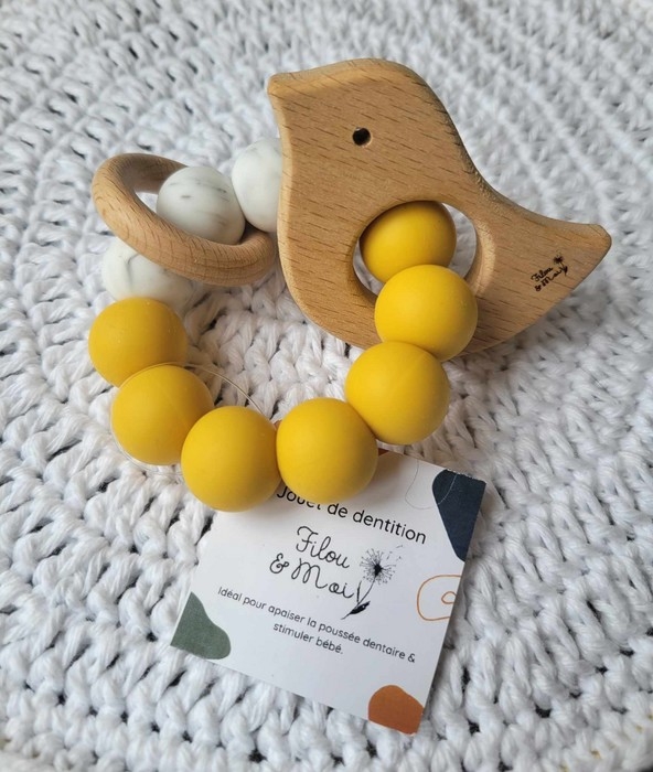 Anneaux de dentition - Jaune et blanc avec oiseau en bois