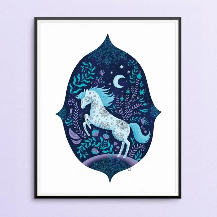 Affiche - Cheval bleu la nuit, forêt et fleurs