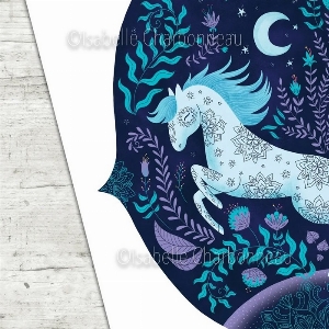 Affiche - Cheval bleu la nuit, forêt et fleurs